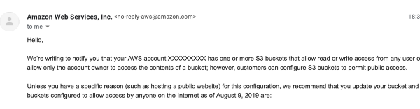 email from AWS warning against S3 buckets with public access